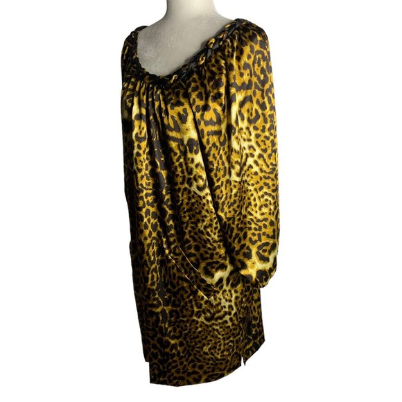 Vintage 90s Leopard Print Shift Dress L Brown Braided Collar Puff Sleeve Pockets - Picture 3 of 6